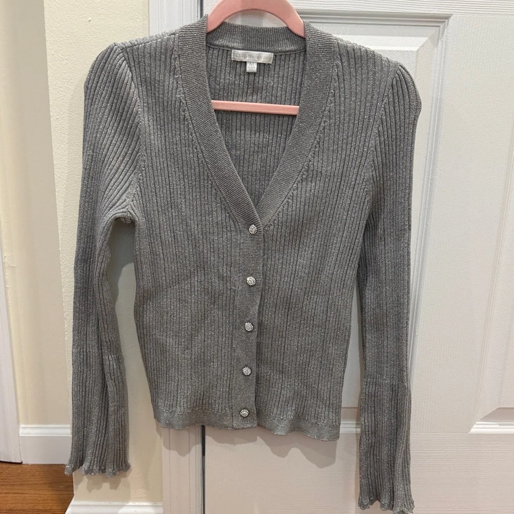 Design History Grey Ribbed V-Neck Button-Front Cardigan - Picture 1 of 2